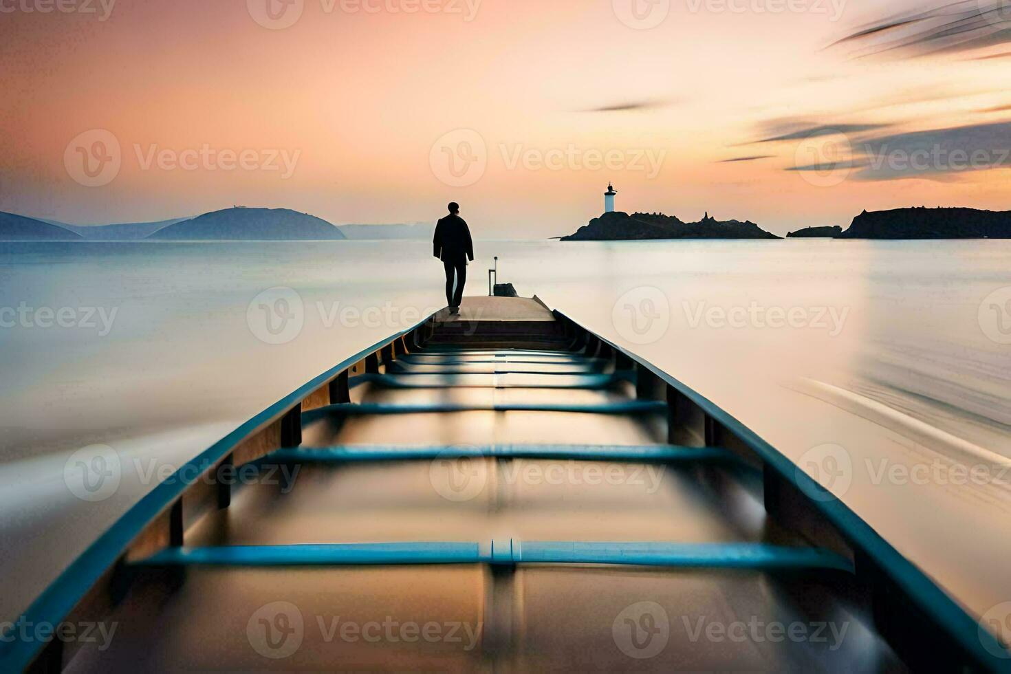 a man stands on the end of a boat in the ocean. AI-Generated photo