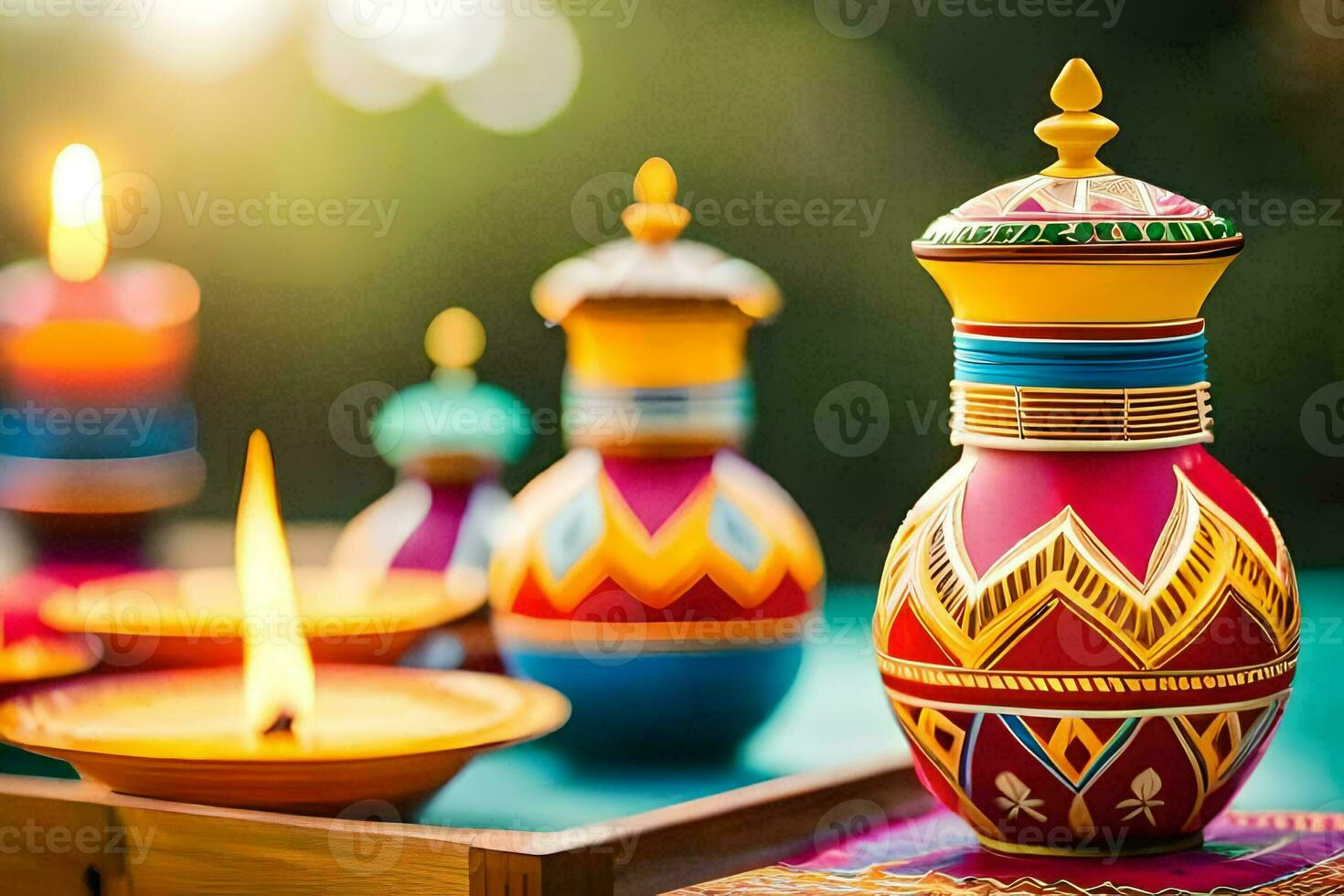 colorful diyas and candles on a table. AI-Generated photo