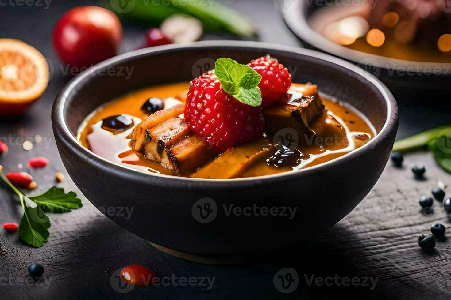 a bowl of soup with berries and other ingredients. AI-Generated photo