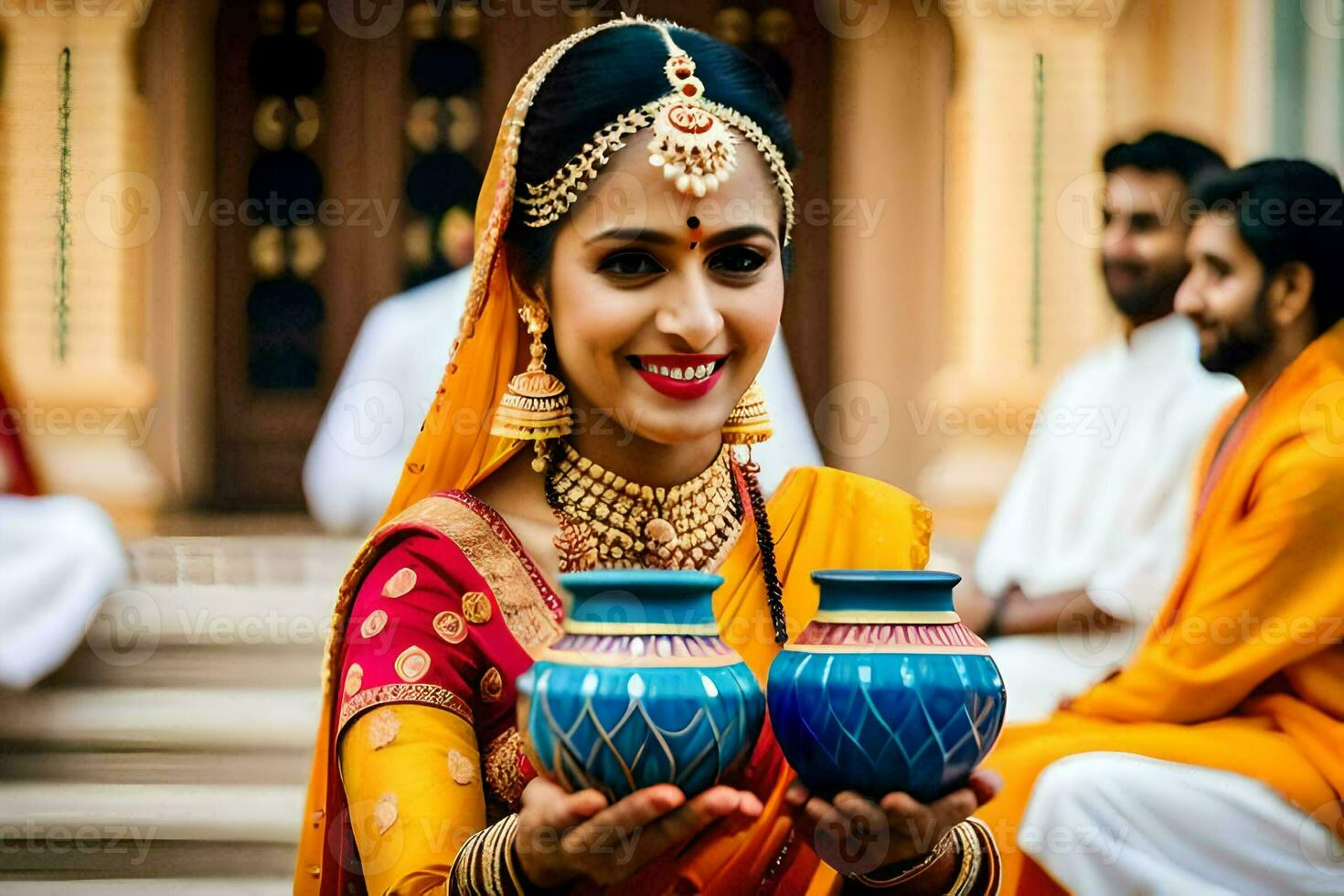 a woman in traditional indian attire holding two pots. AI-Generated photo