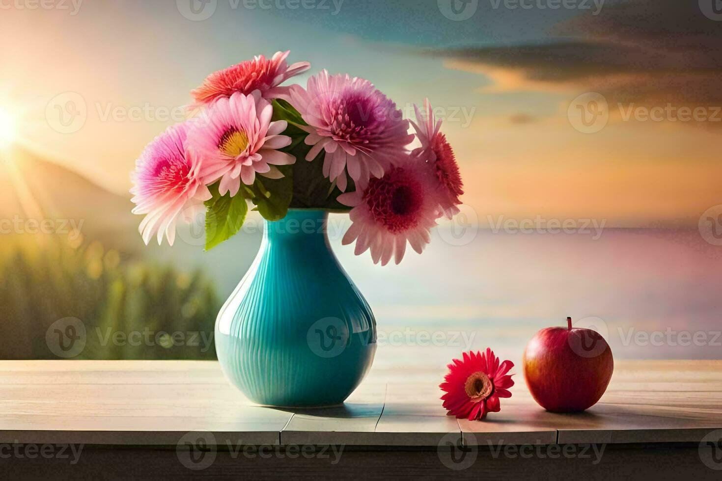 flores en un florero en un mesa con un manzana. generado por ai foto