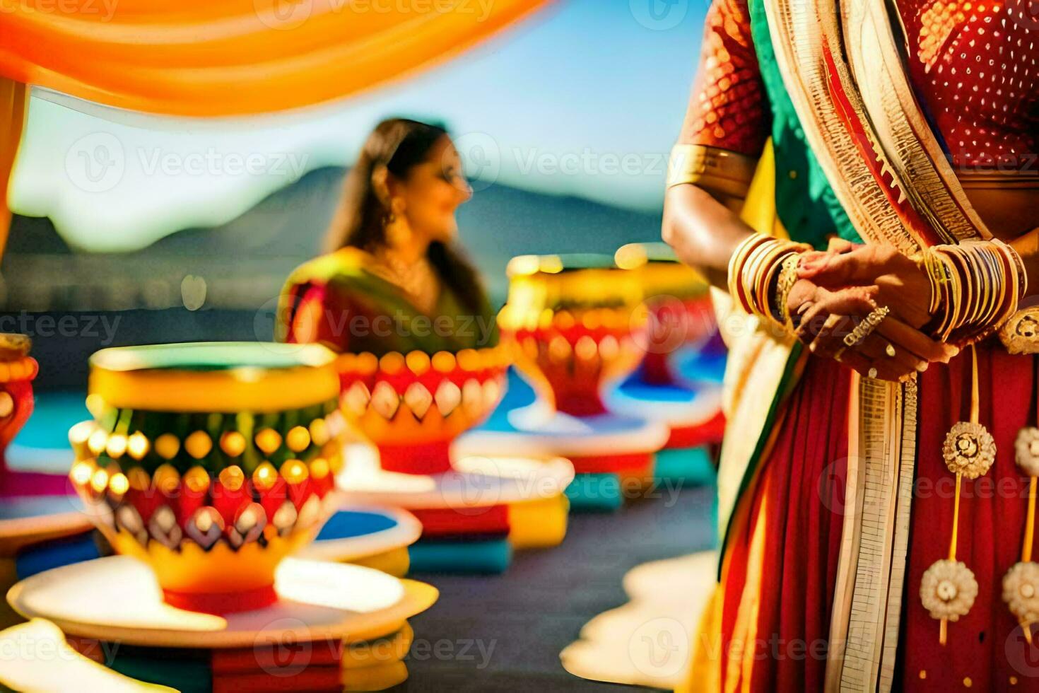 a woman in a colorful sari is holding a pot. AI-Generated photo