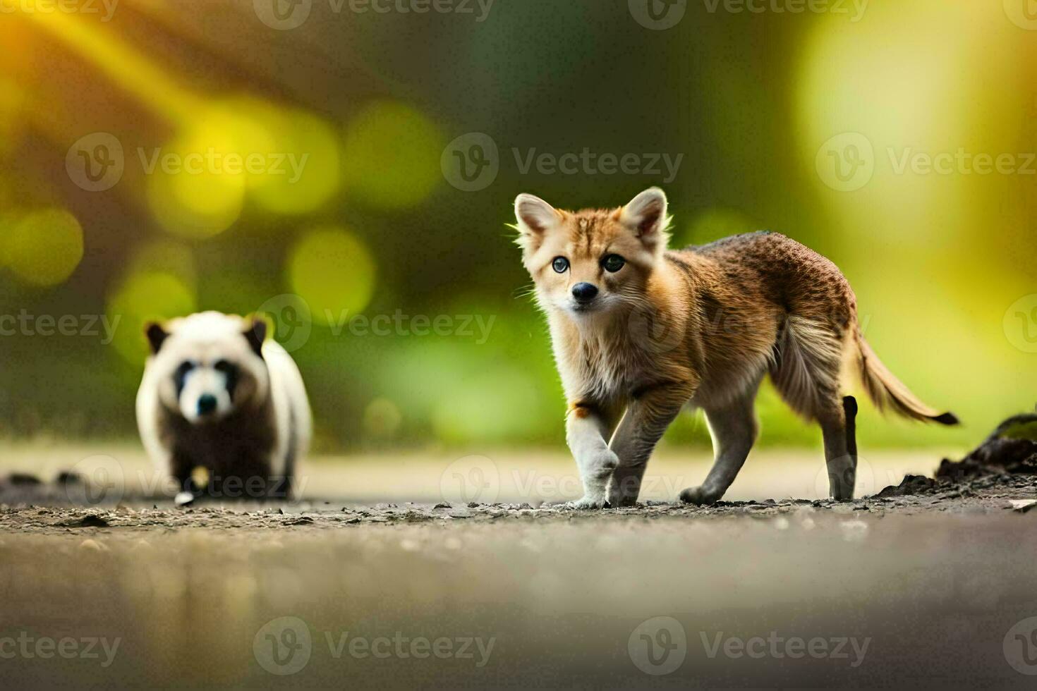 a small fox and a panda bear walking on a road. AI-Generated photo