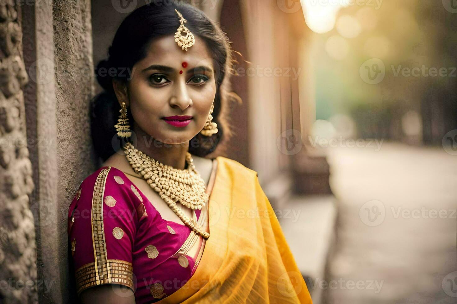 un hermosa indio mujer en un amarillo sari. generado por ai foto