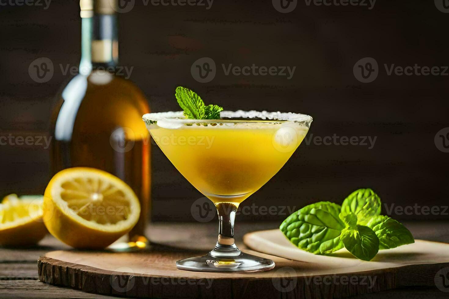 a cocktail with lemon and mint on a wooden cutting board. AI-Generated photo