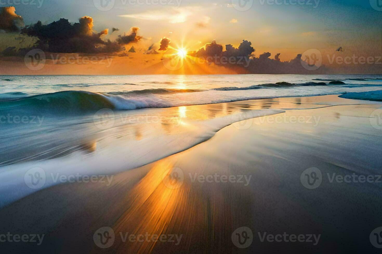 sunset on the beach, waves, ocean, sunrise, the ocean, sunrise, the ocean. AI-Generated photo