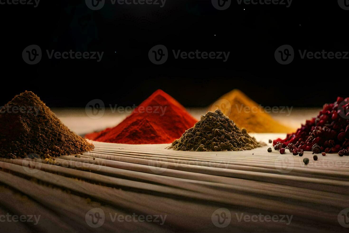 a variety of spices are arranged in a row. AI-Generated photo