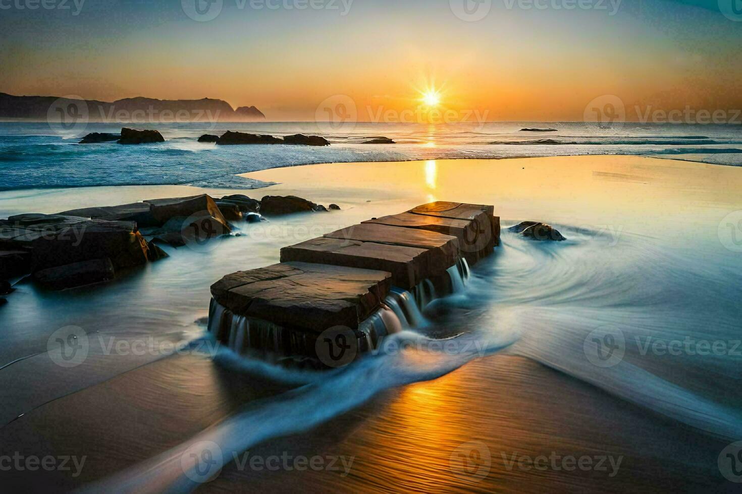 a sunset over the ocean with rocks in the water. AI-Generated photo