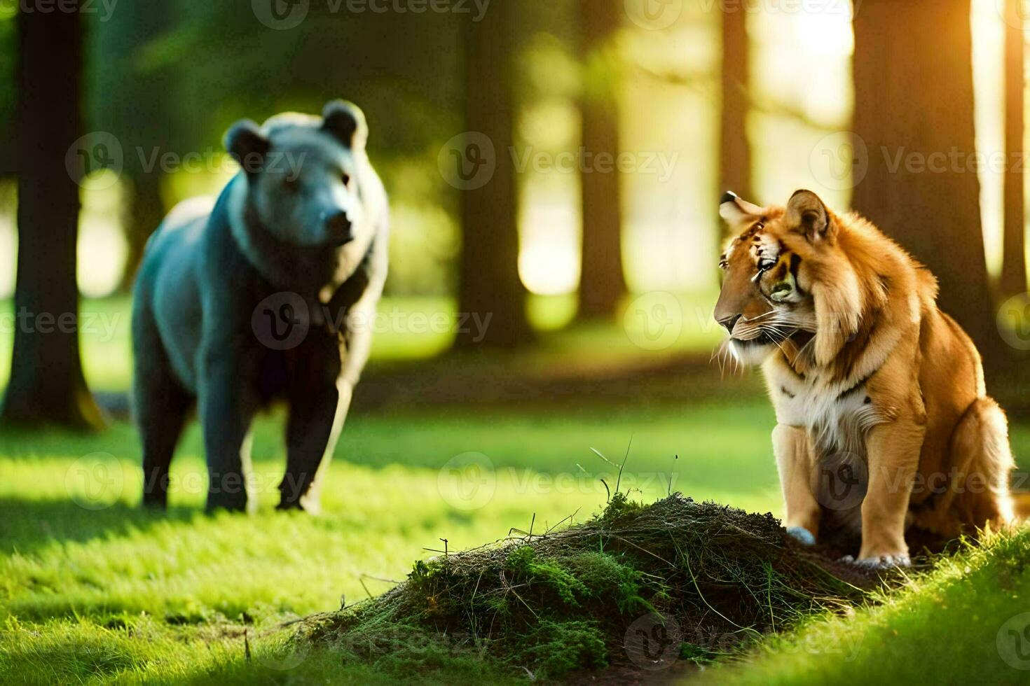 un Tigre y un oso en el bosque. generado por ai foto