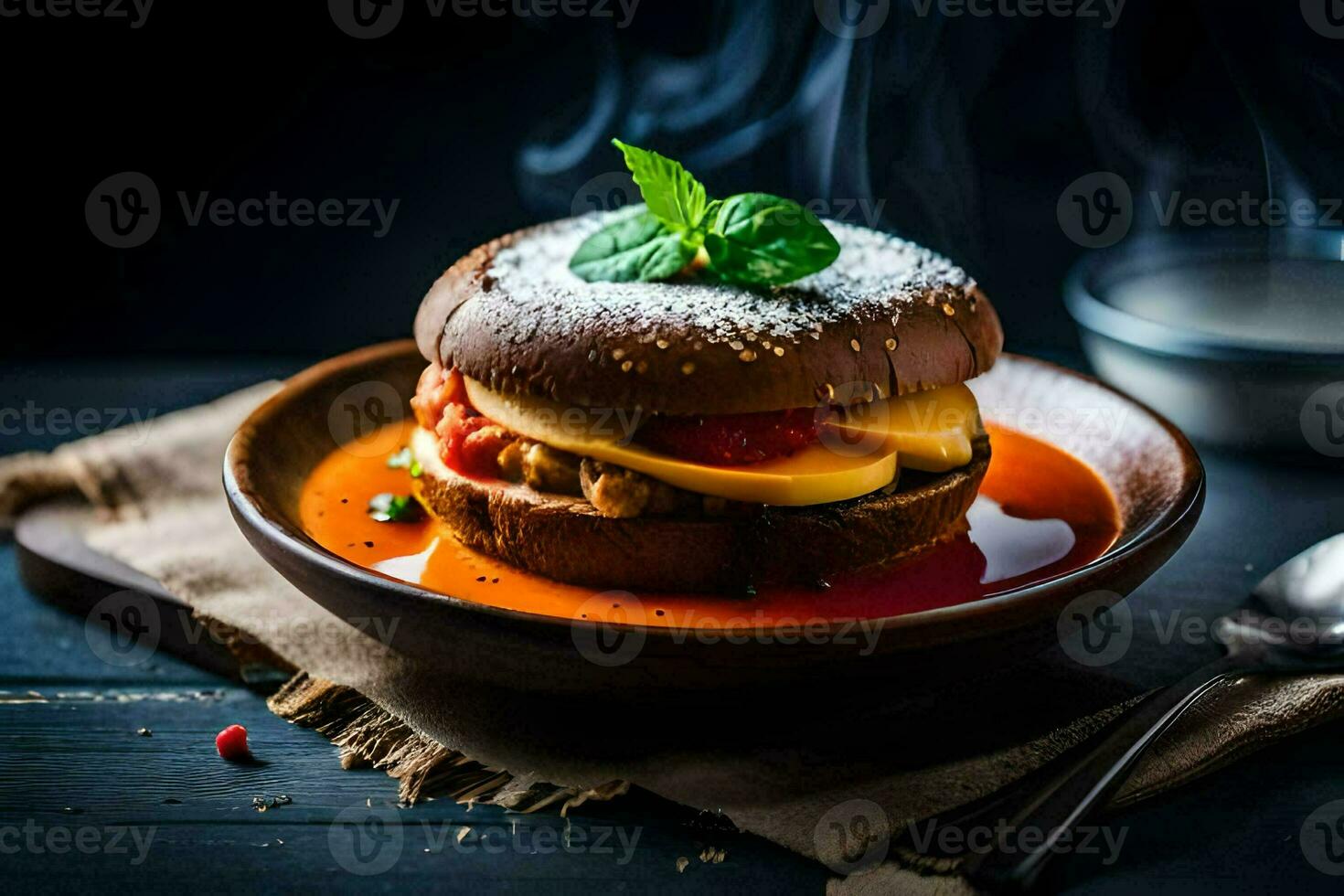 a hamburger with tomato sauce and cheese on a plate. AI-Generated photo