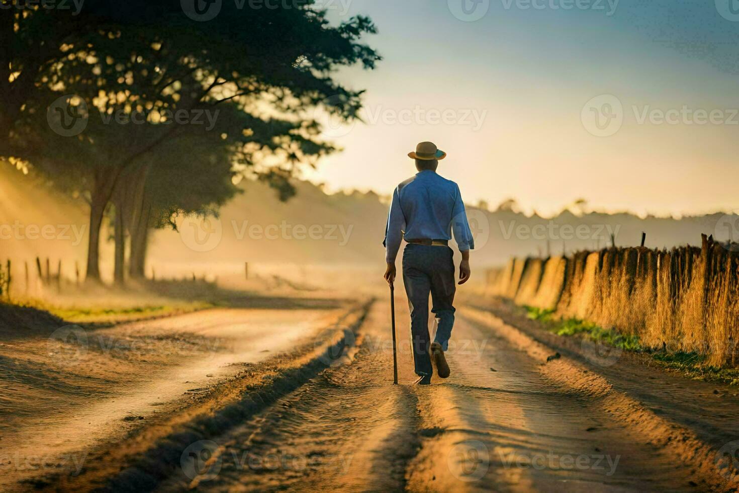 a man walking down a dirt road at sunrise. AI-Generated photo