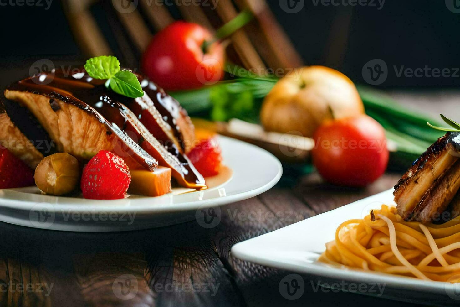 a plate of food with spaghetti and fruit. AI-Generated photo