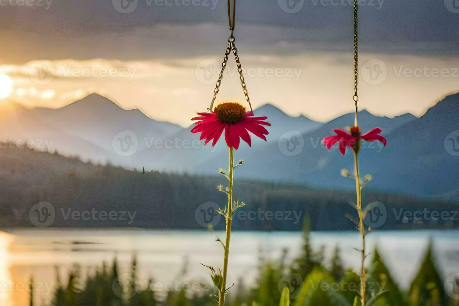 two pink flowers hanging from a chain by a lake. AI-Generated photo