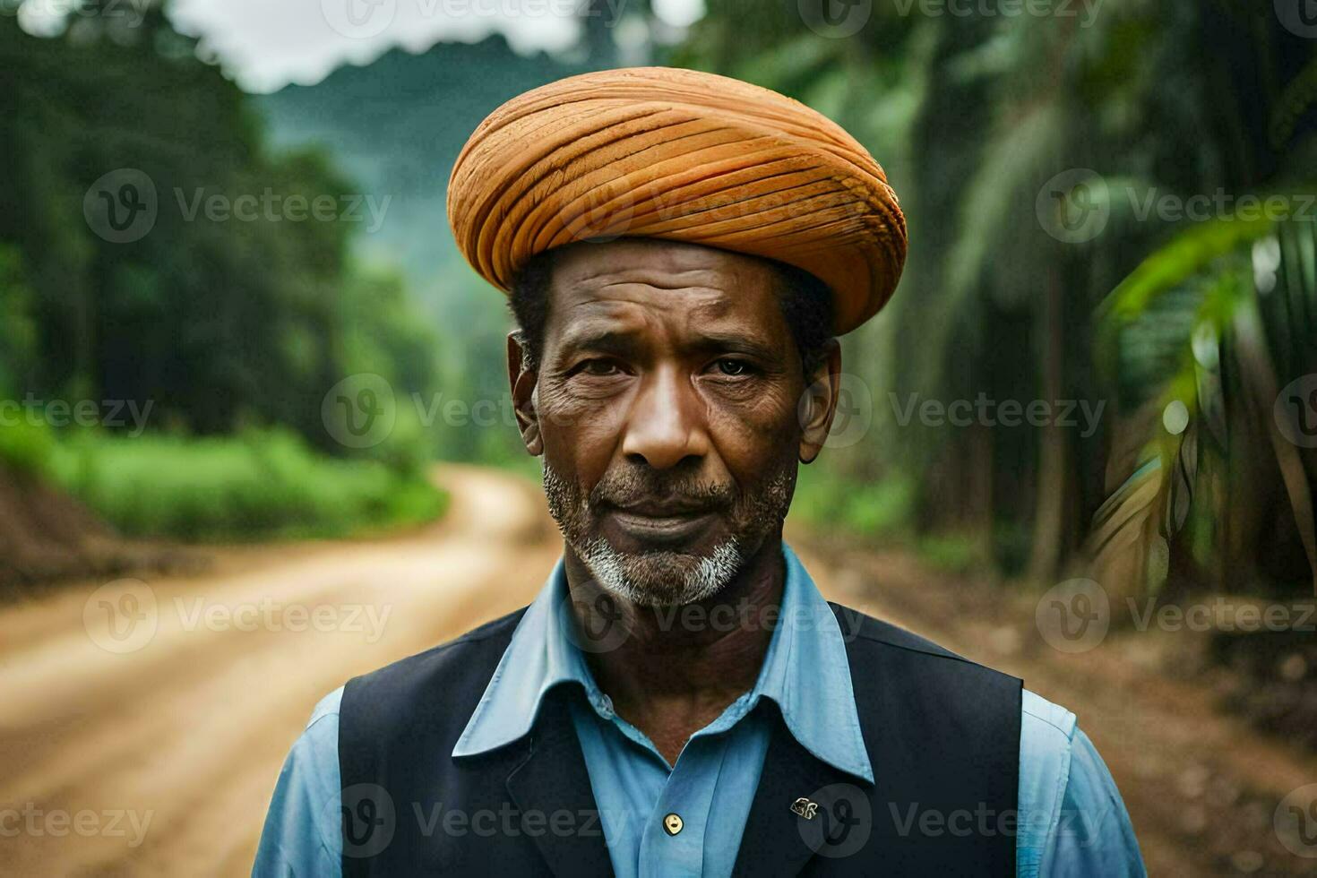 un hombre vistiendo un turbante en un suciedad la carretera. generado por ai foto