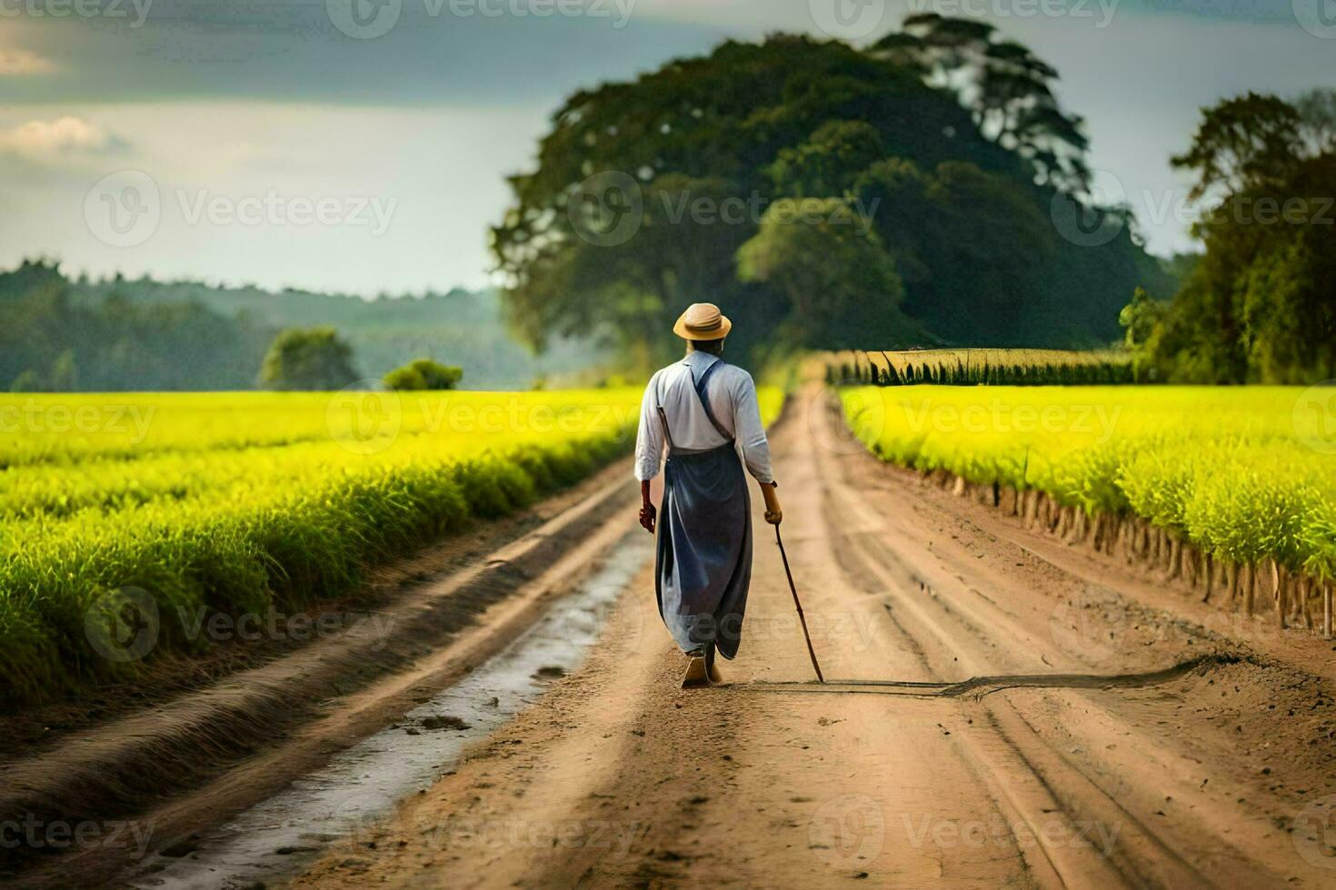 a man walking down a dirt road in a field. AI-Generated photo