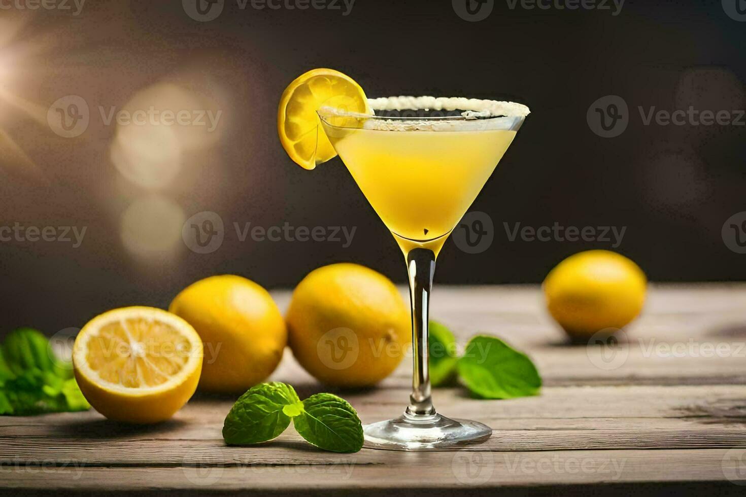 a cocktail with lemon and mint on a wooden table. AI-Generated photo