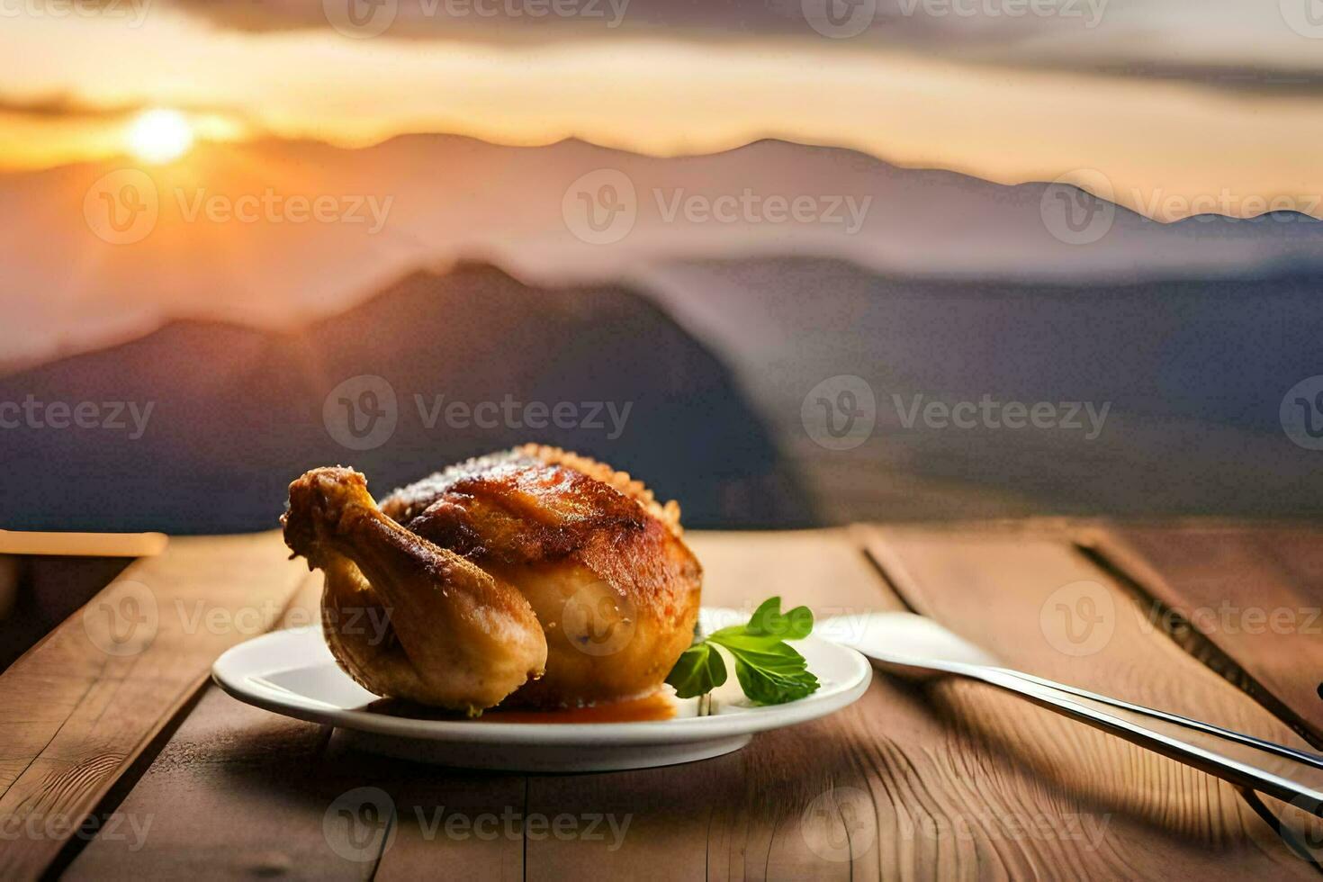 chicken on a plate with a view of the sunset. AI-Generated photo