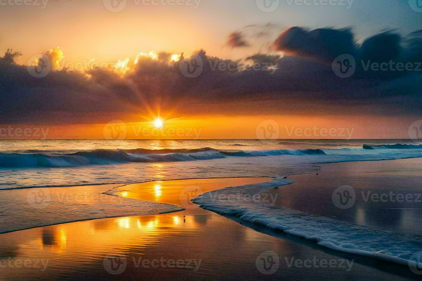 the sun rises over the ocean and the waves are reflecting in the water. AI-Generated photo