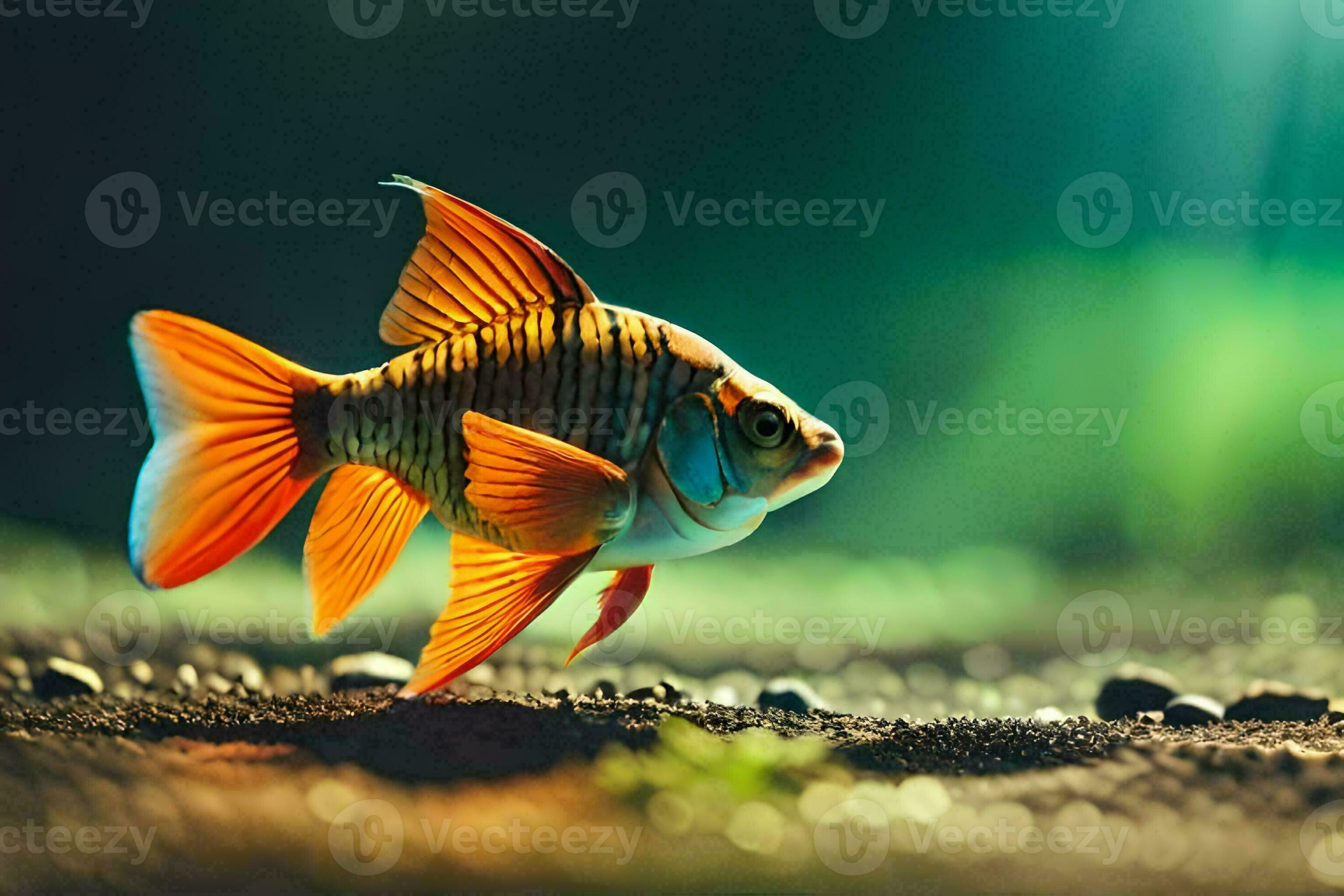 a fish with orange and yellow fins on the ground. AIGenerated 30850995