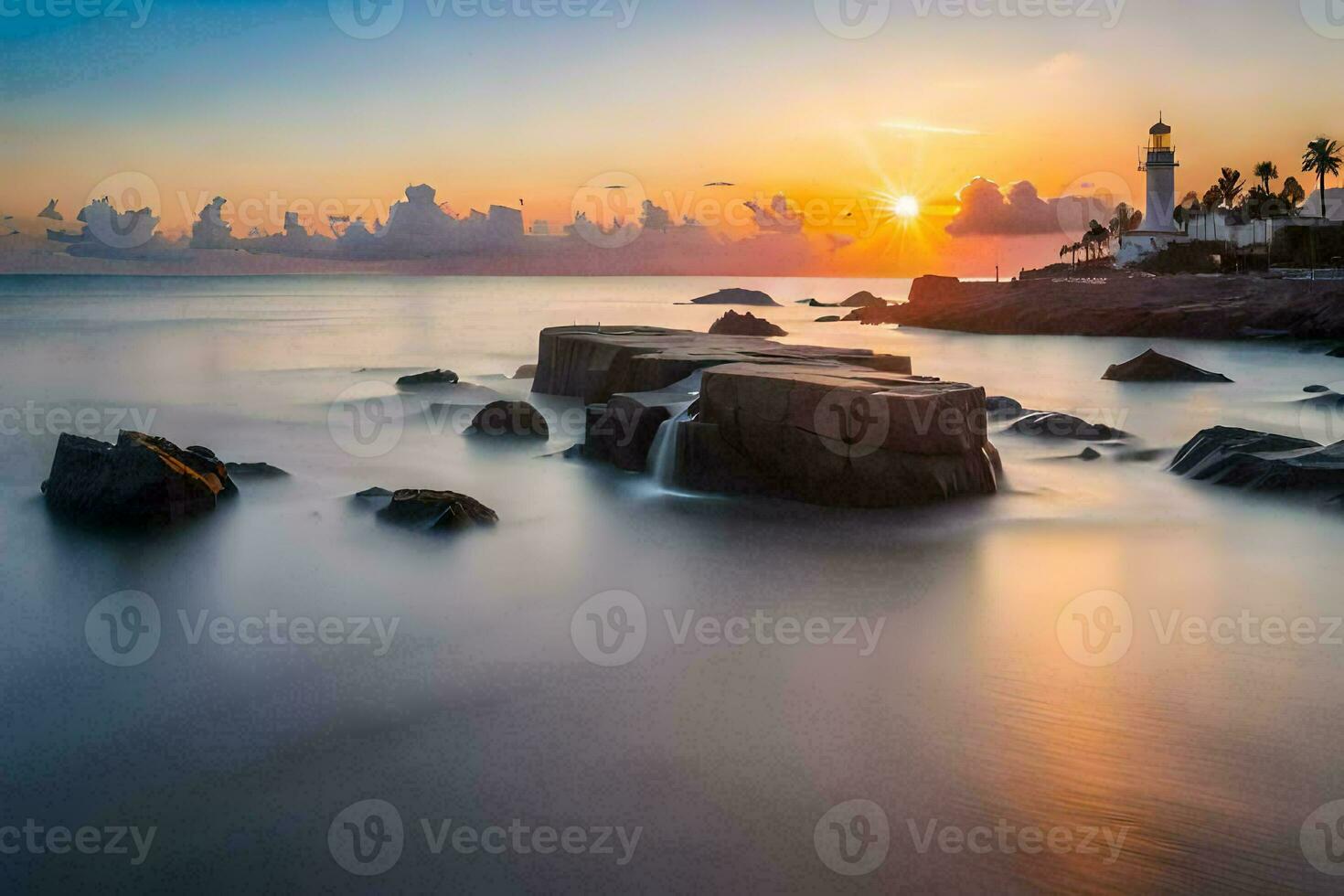 a lighthouse in the ocean at sunset. AI-Generated photo
