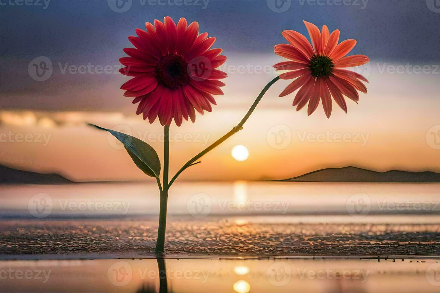 two flowers are standing on the beach at sunset. AI-Generated photo