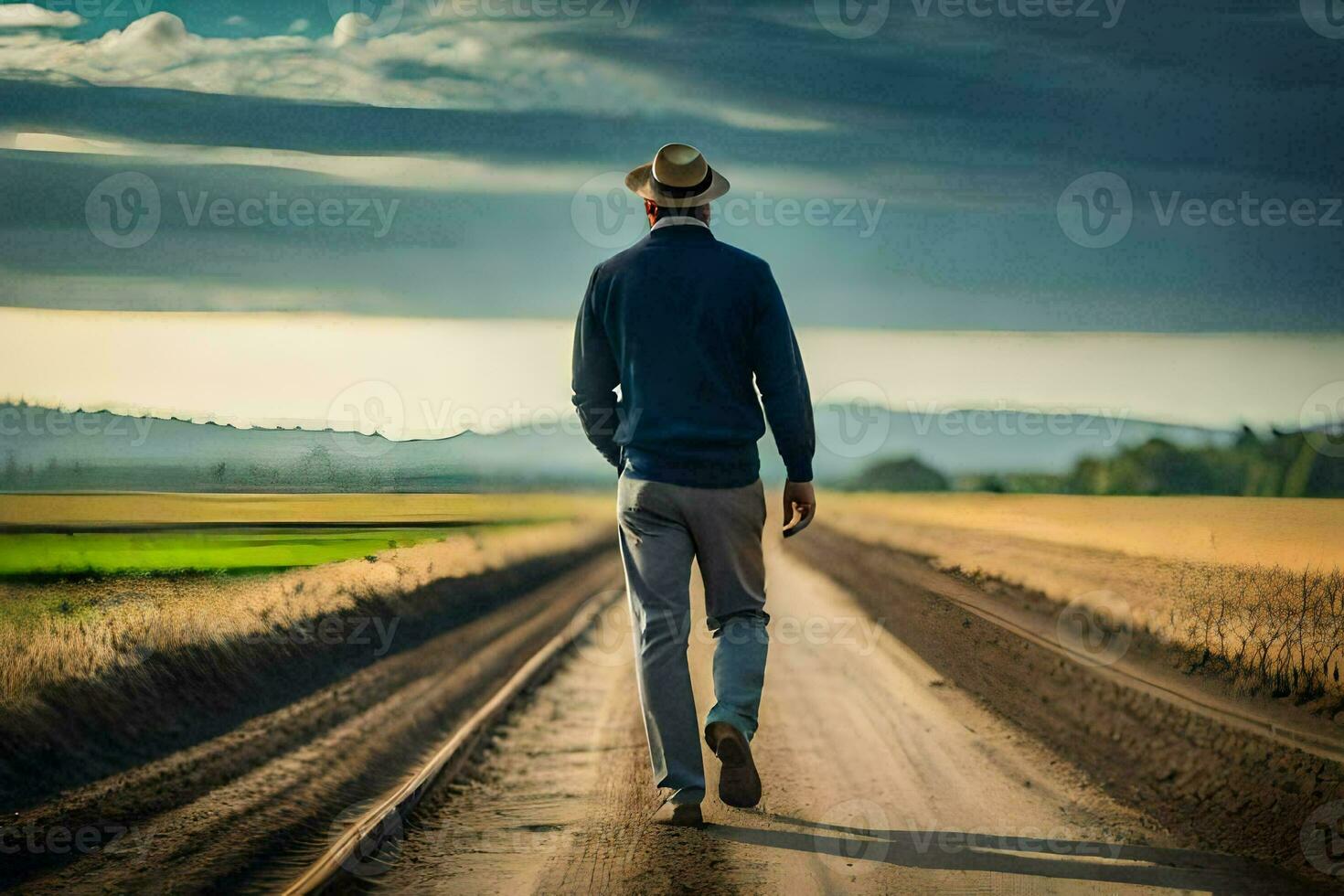 un hombre en un sombrero camina abajo un suciedad la carretera. generado por ai foto