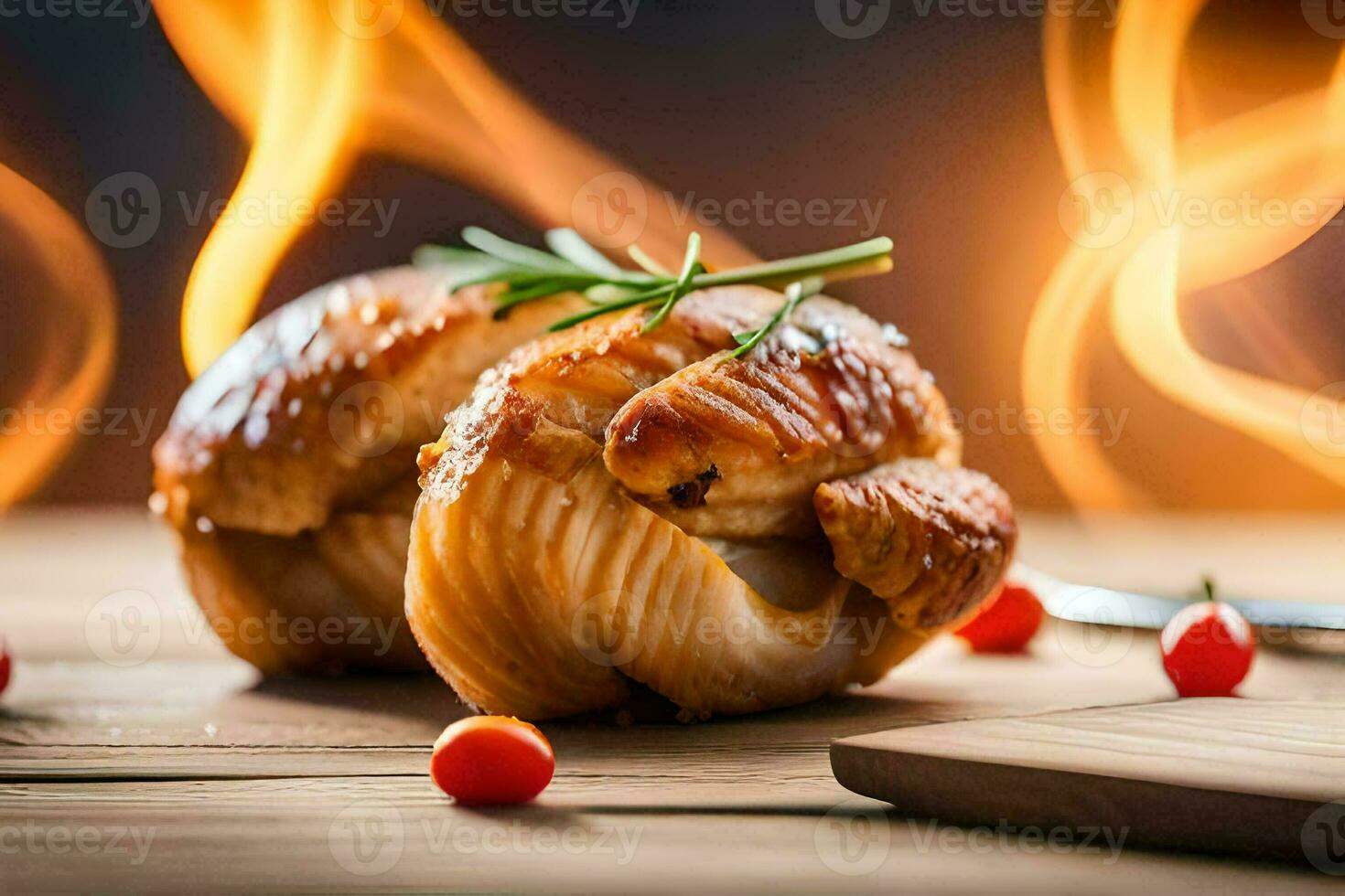 grilled chicken on a wooden table with fire. AI-Generated photo