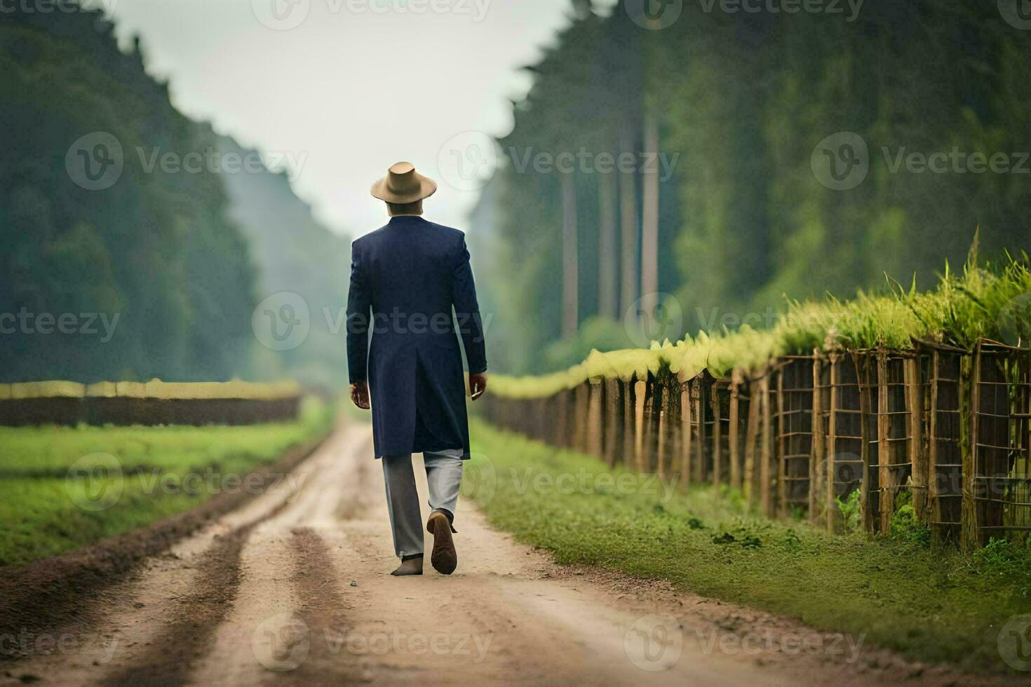 un hombre en un traje y sombrero caminando abajo un suciedad la carretera. generado por ai foto