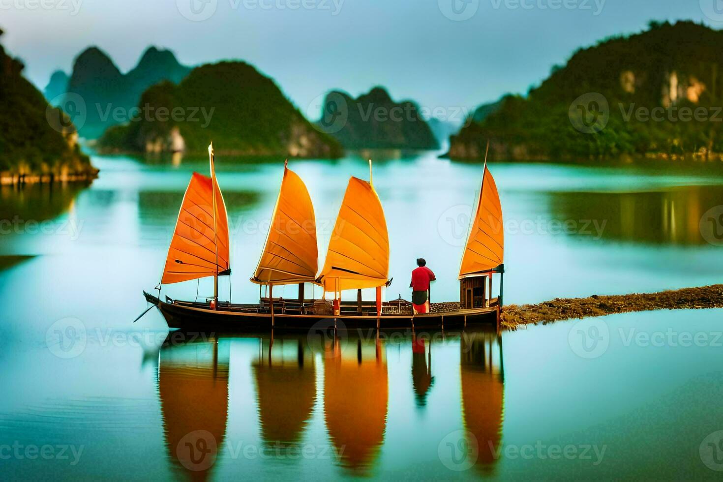 a boat with yellow sails in the water. AI-Generated photo