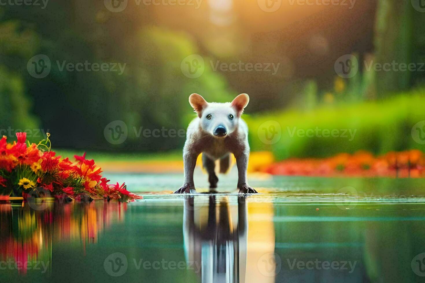 a white dog standing in the water with flowers. AI-Generated photo