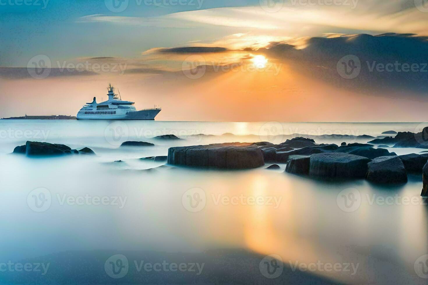 un barco en el Oceano a puesta de sol con rocas y rocas generado por ai foto