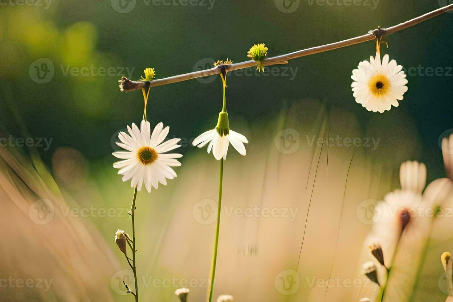 three daisies hanging from a branch in a field. AI-Generated photo