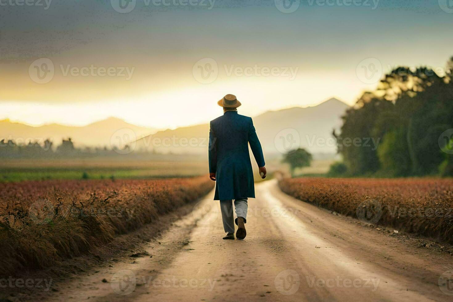 a man in a blue suit walks down a dirt road. AI-Generated photo