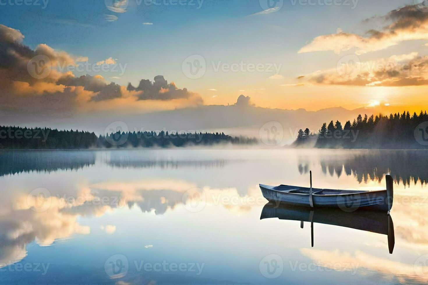 a boat sits on a lake at sunrise. AI-Generated photo