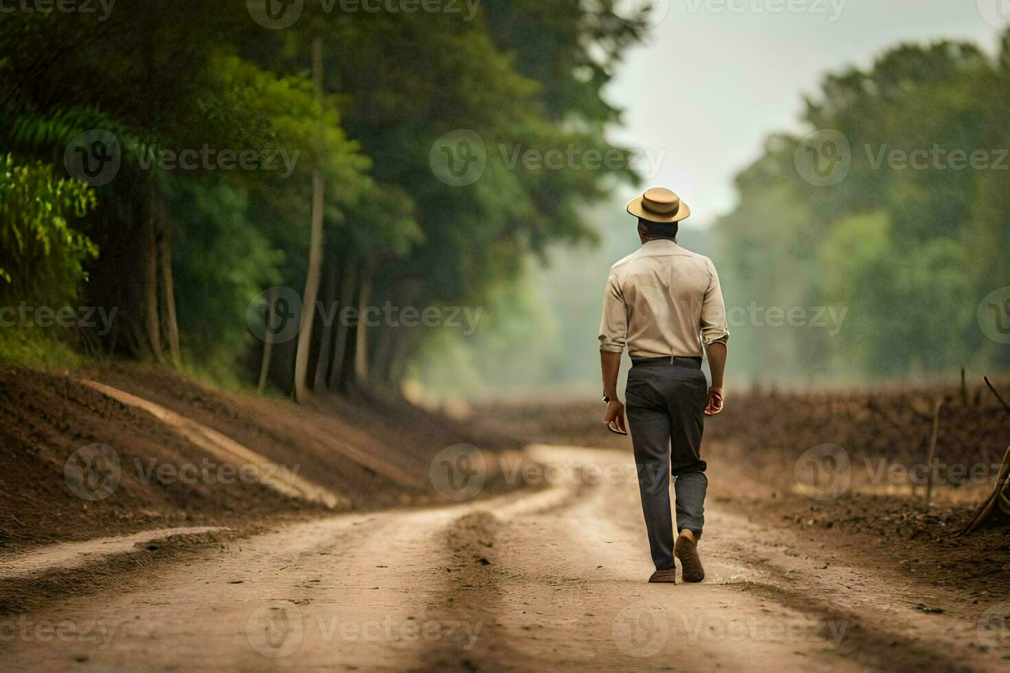 a man in a hat walks down a dirt road. AI-Generated photo