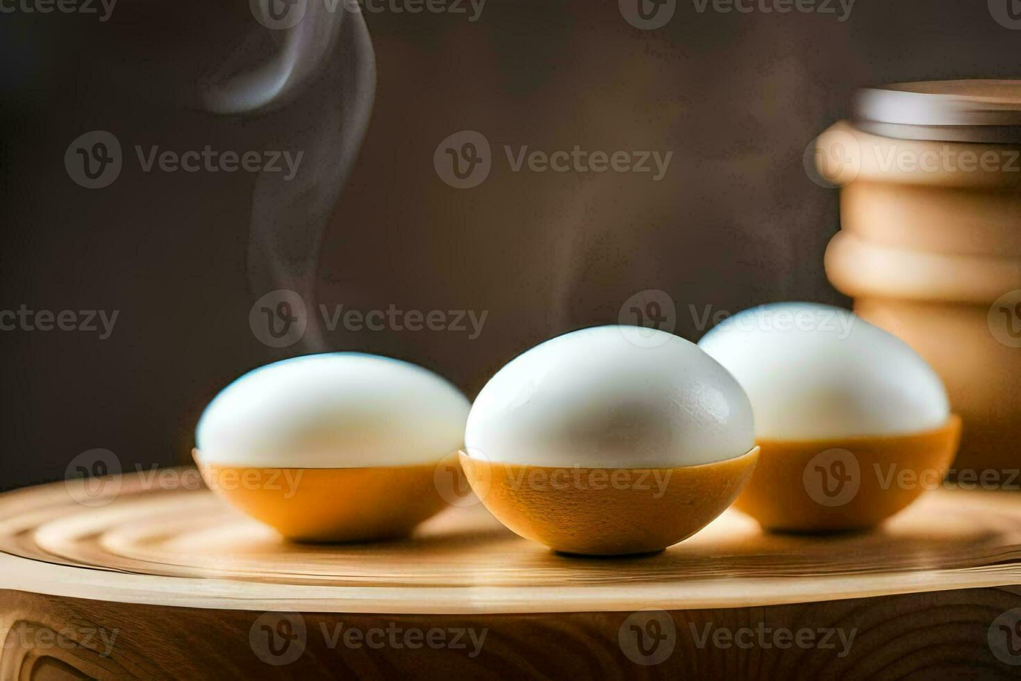 three eggs sit on a wooden tray with smoke coming out of them. AI-Generated photo