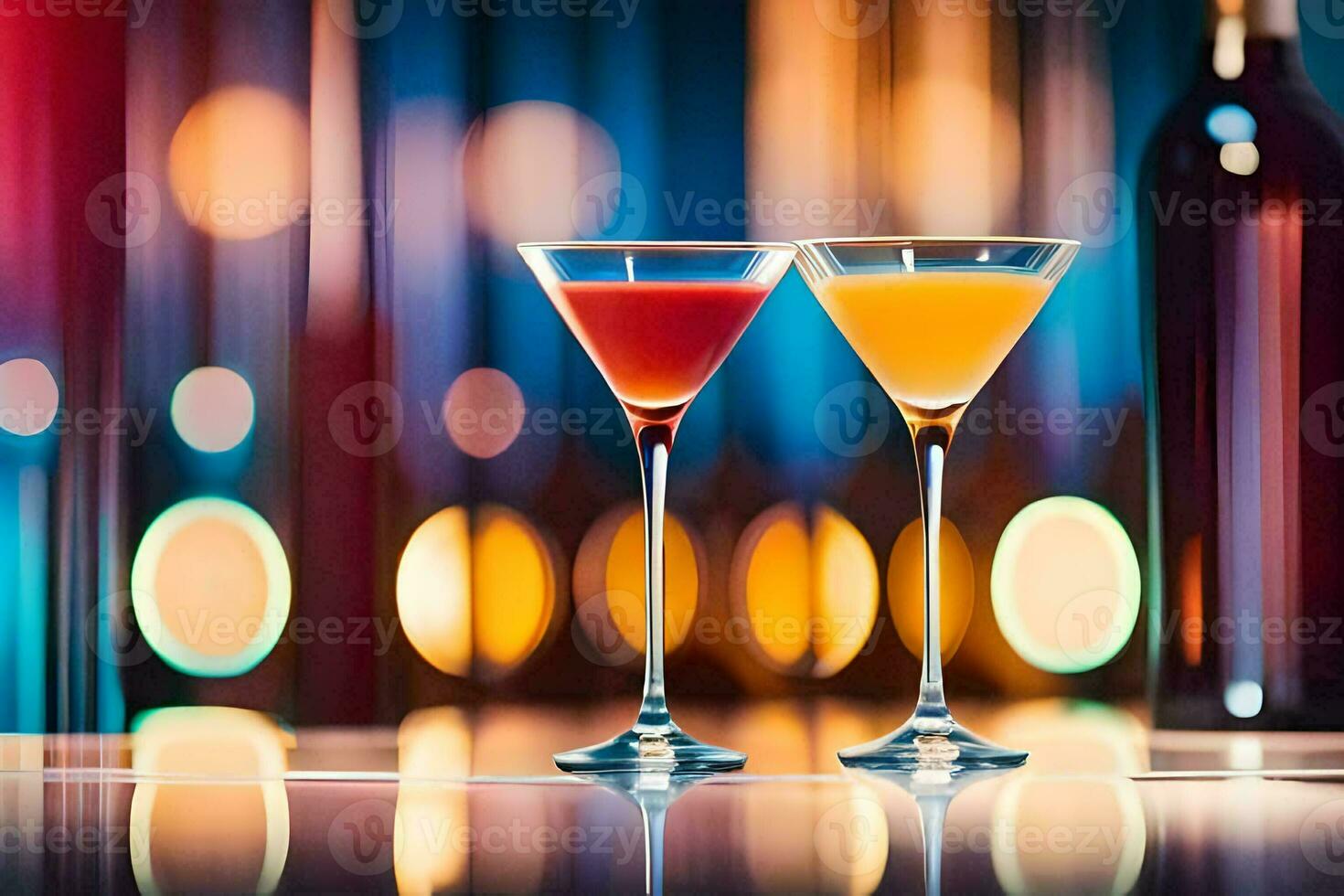 two glasses of cocktails on a table with a bottle of wine. AI-Generated photo