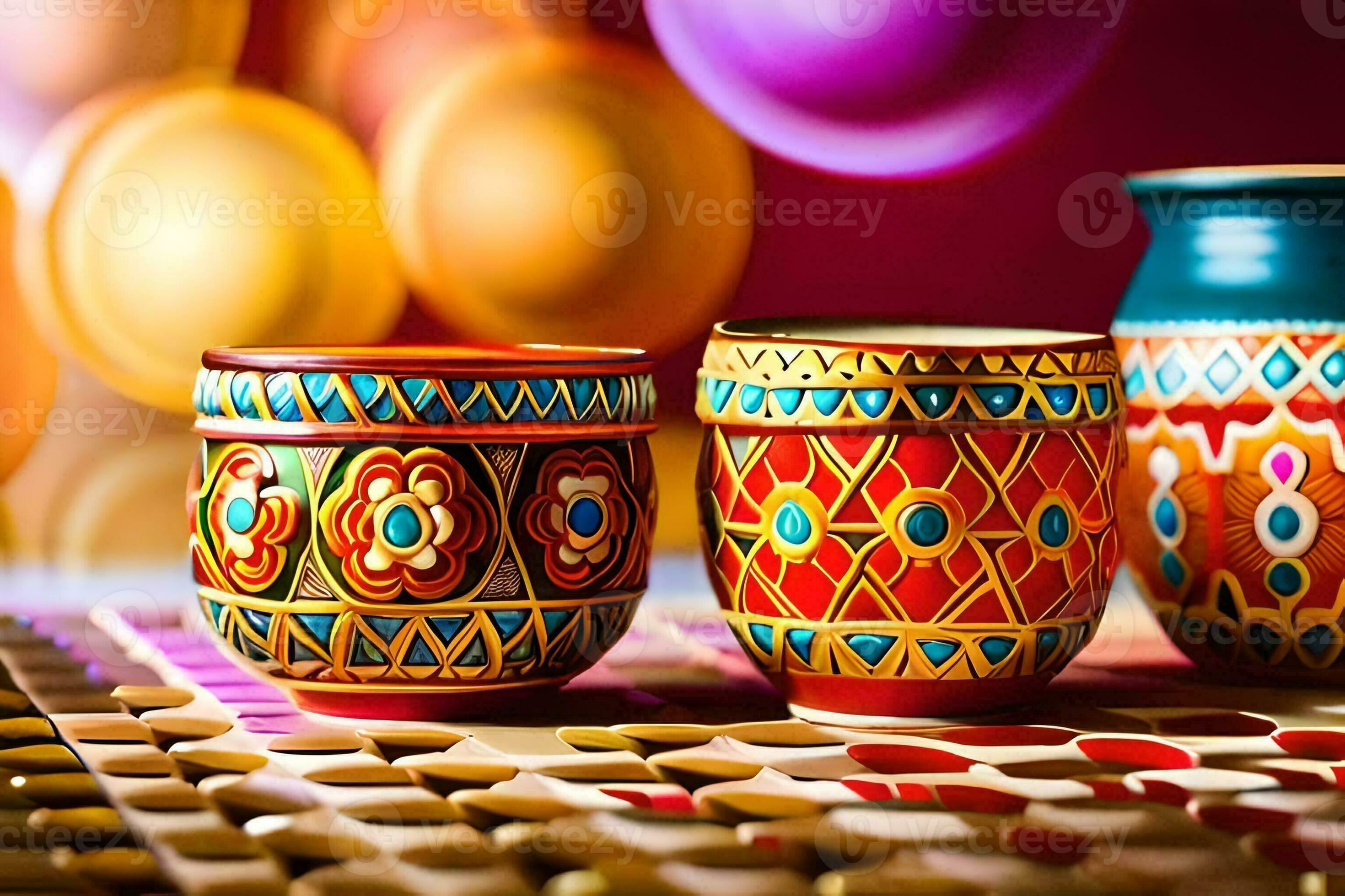 three colorful cups with designs on them. AIGenerated 30851251 Stock