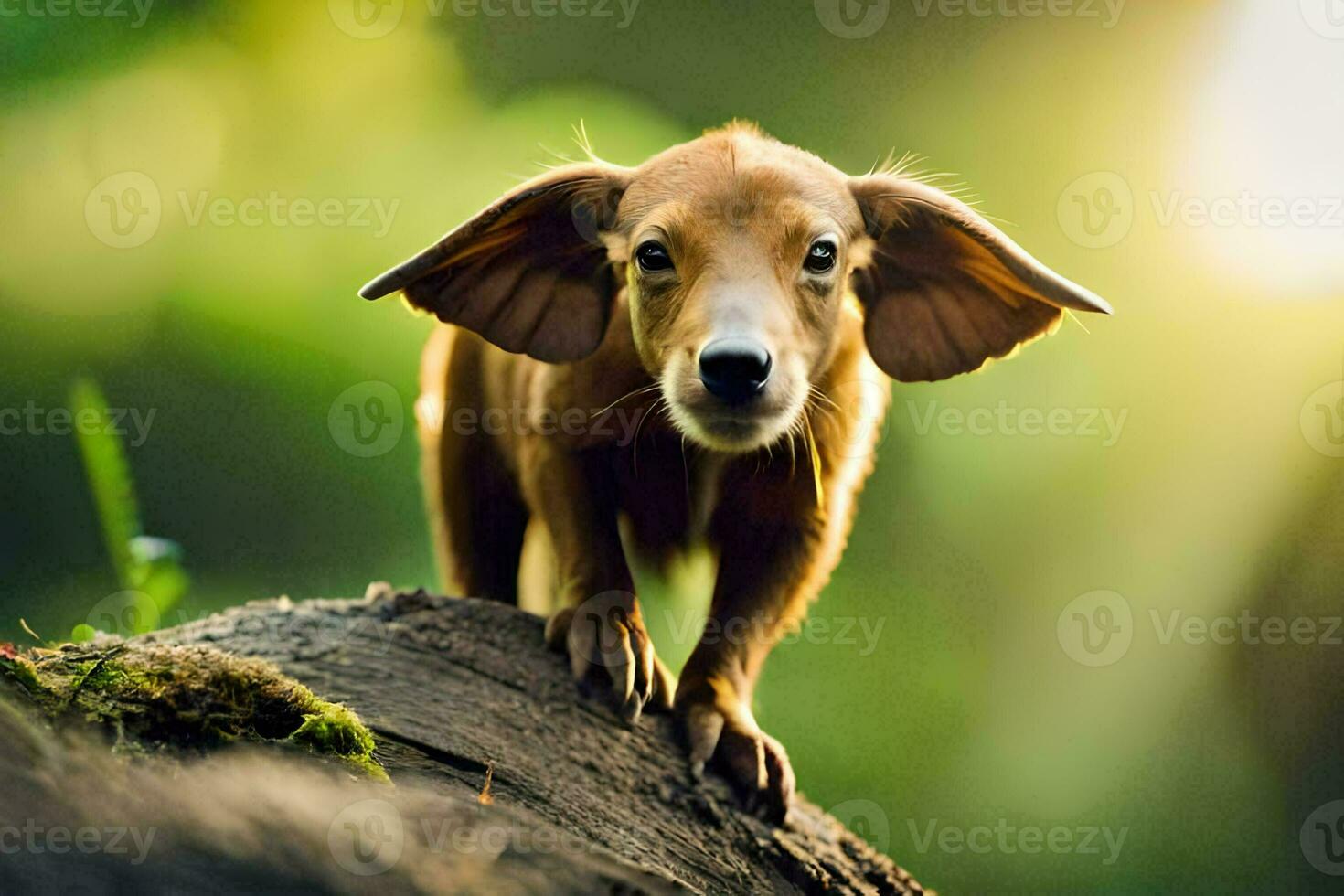 a small brown dog with big ears standing on a log. AI-Generated photo