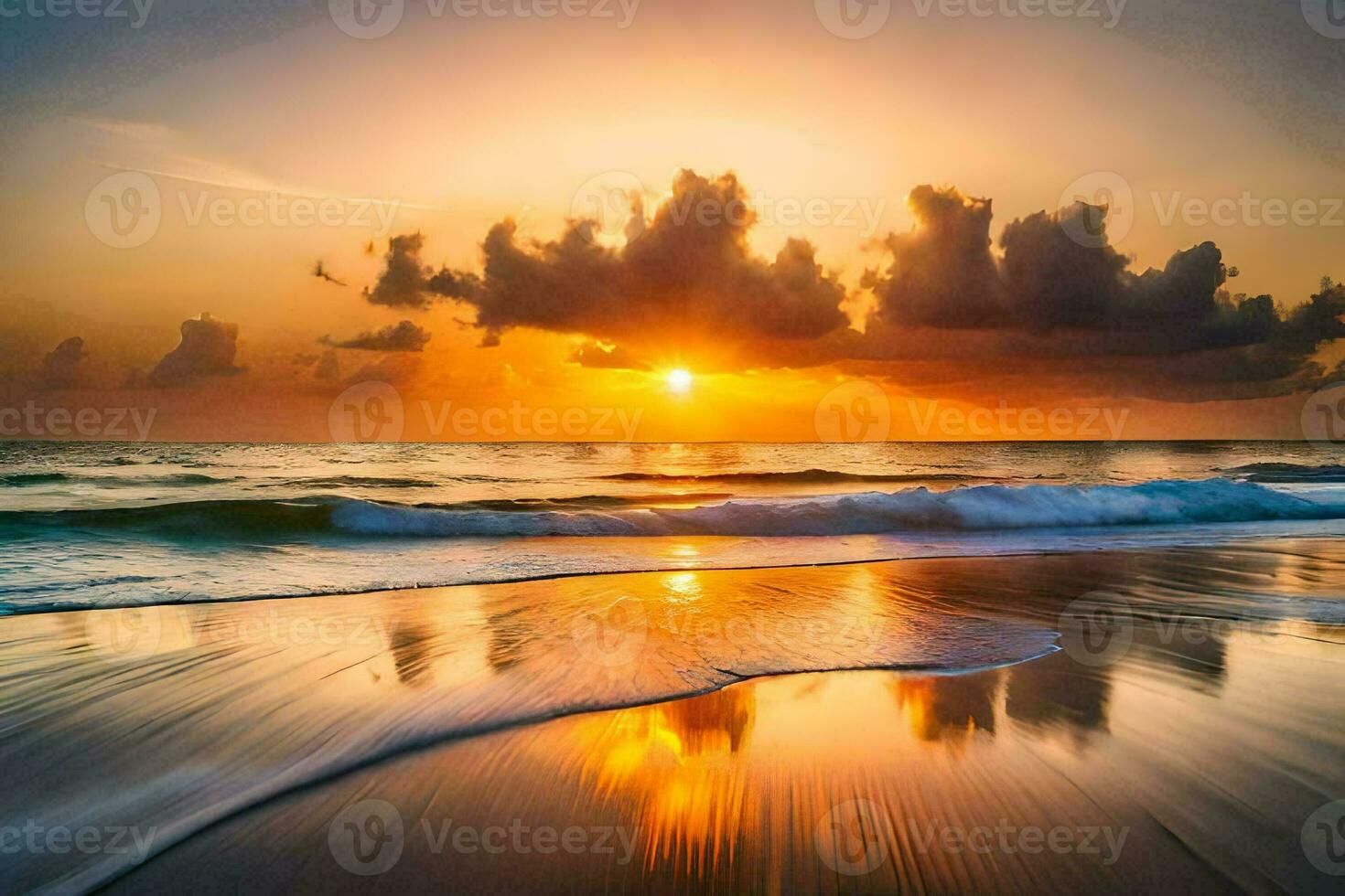the sun sets over the ocean and waves on a beach. AI-Generated photo