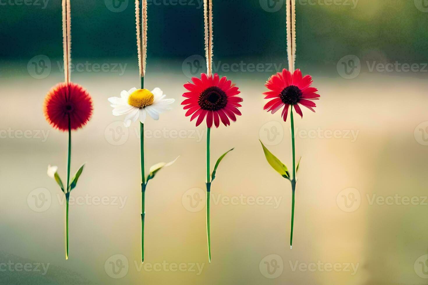 four flowers hanging from strings in front of a lake. AI-Generated photo