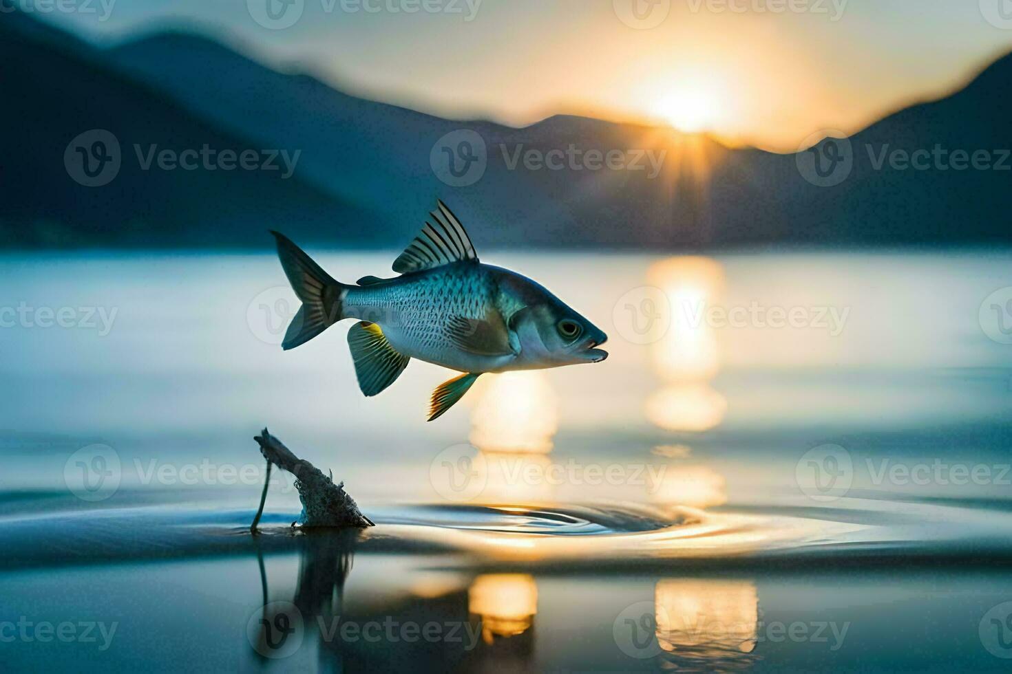 un pescado saltando fuera de el agua a puesta de sol. generado por ai foto