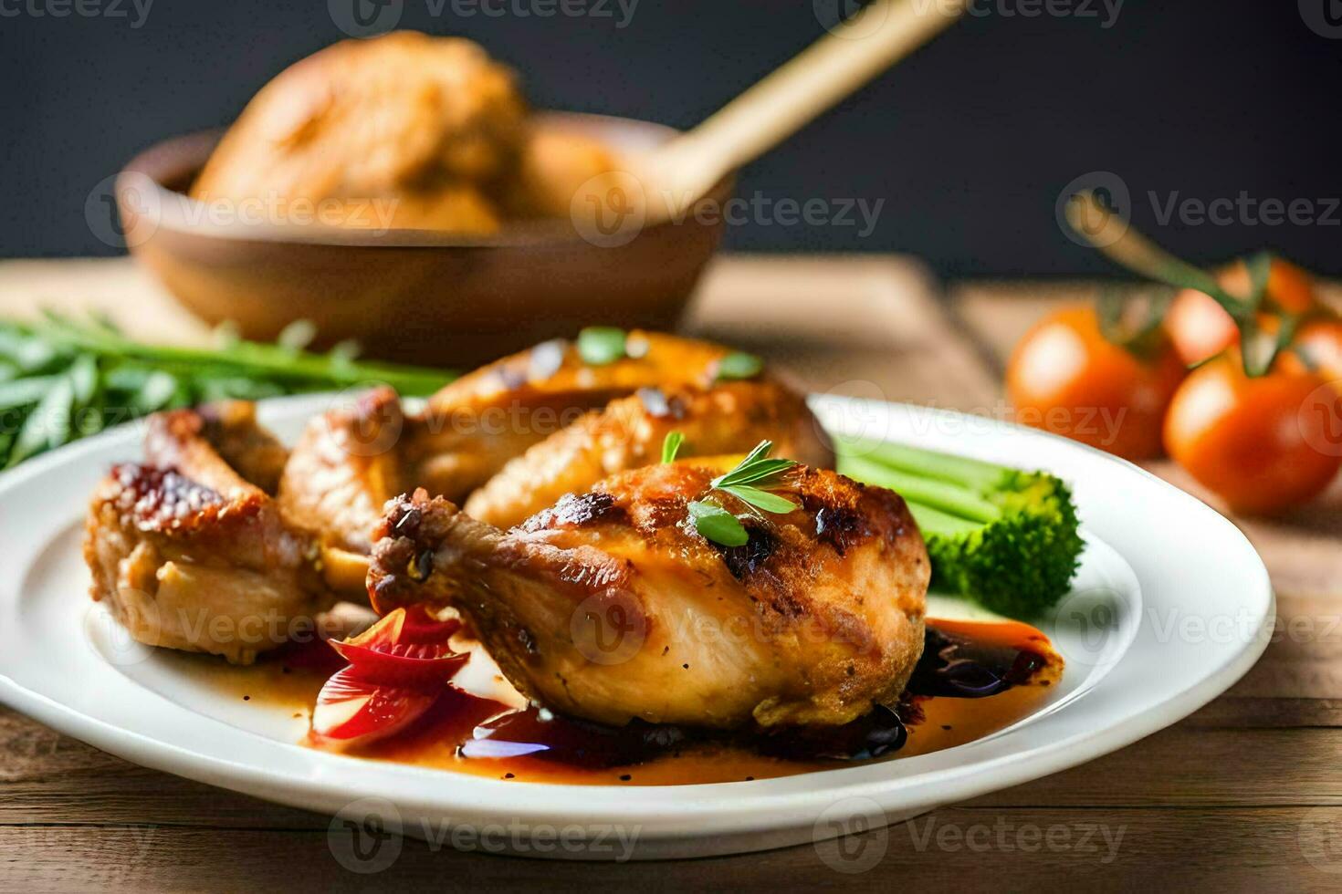 chicken with sauce and vegetables on a plate. AI-Generated photo