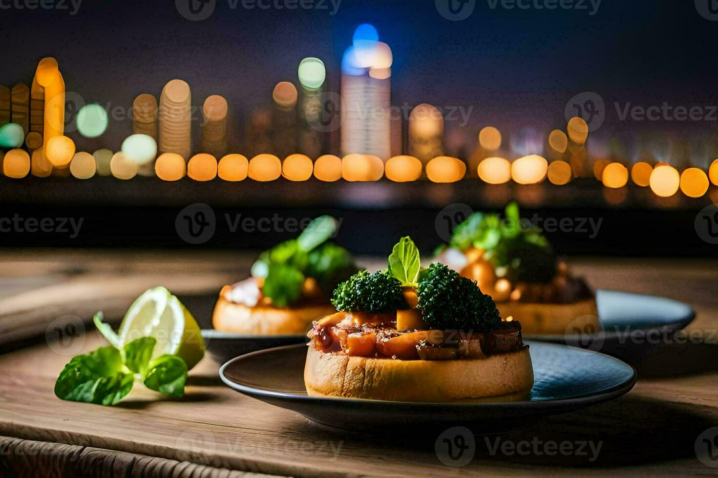 dos pequeño platos con comida en ellos en frente de un paisaje urbano generado por ai foto