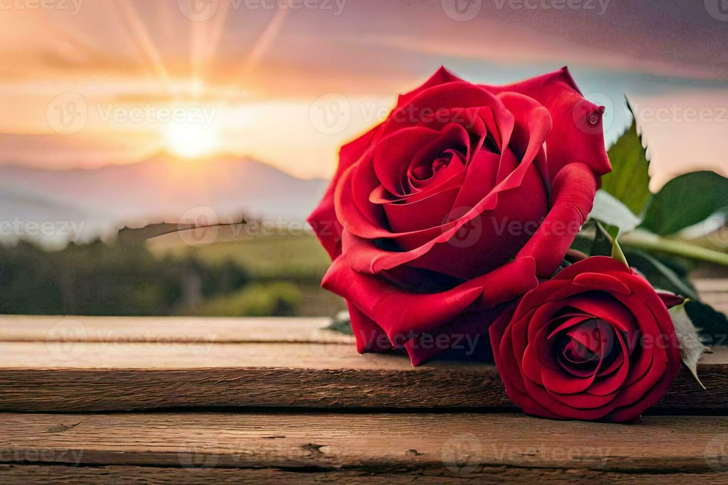 two red roses on a wooden table with the sun setting behind them. AI-Generated photo