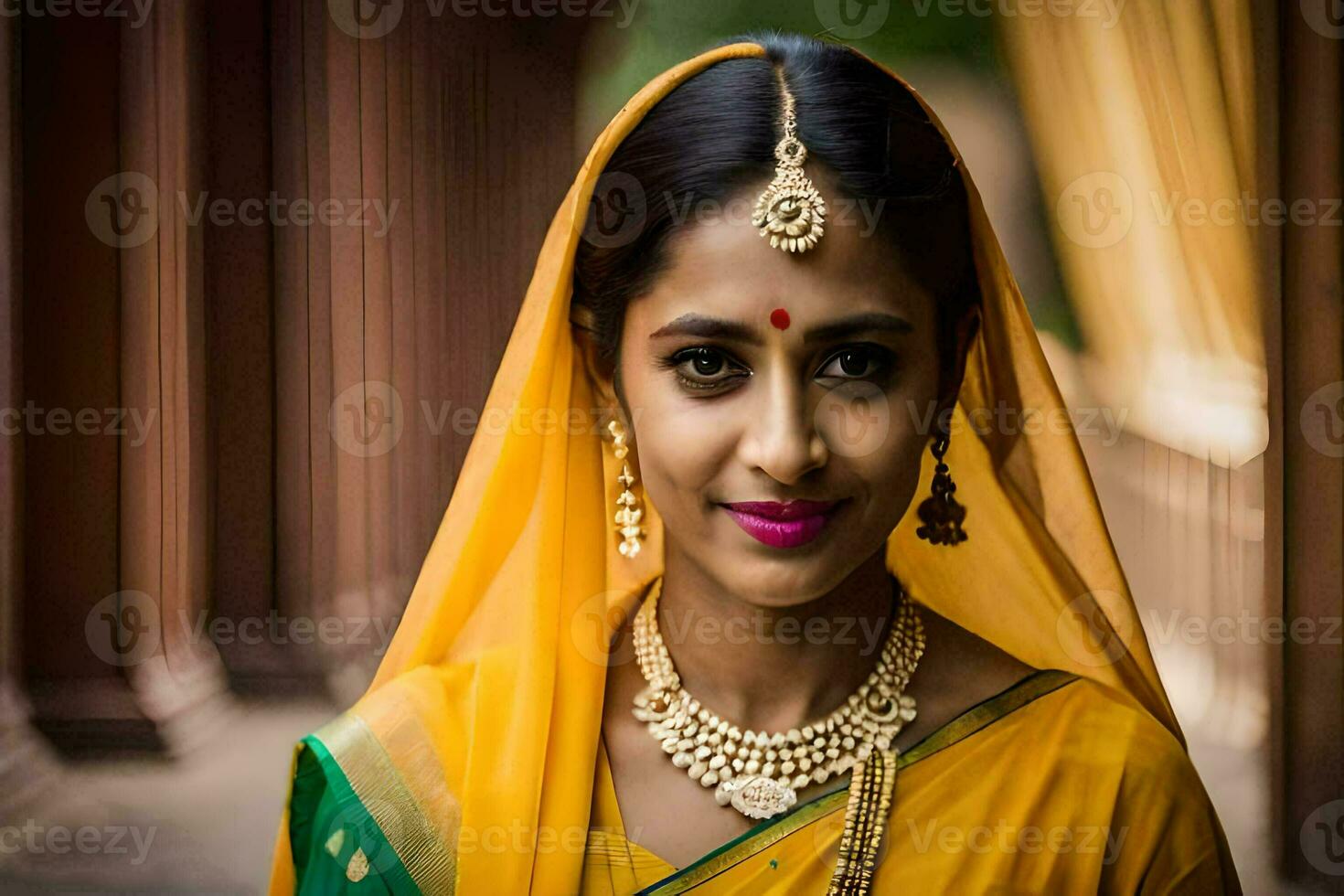 a beautiful indian woman in a yellow sari. AI-Generated photo