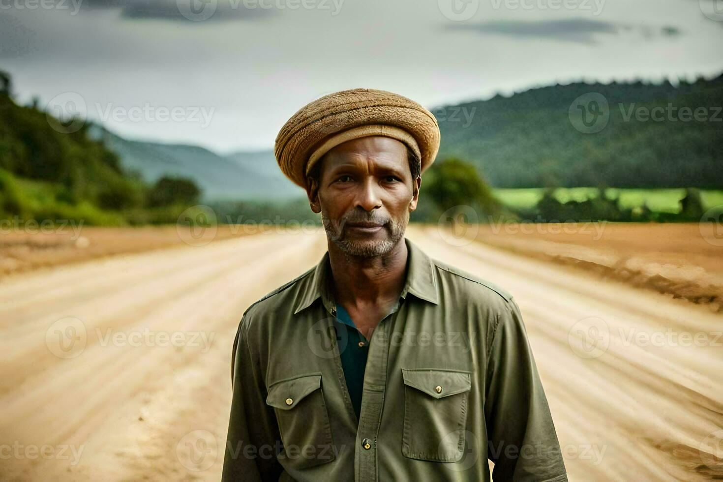a man in a hat standing on a dirt road. AI-Generated photo