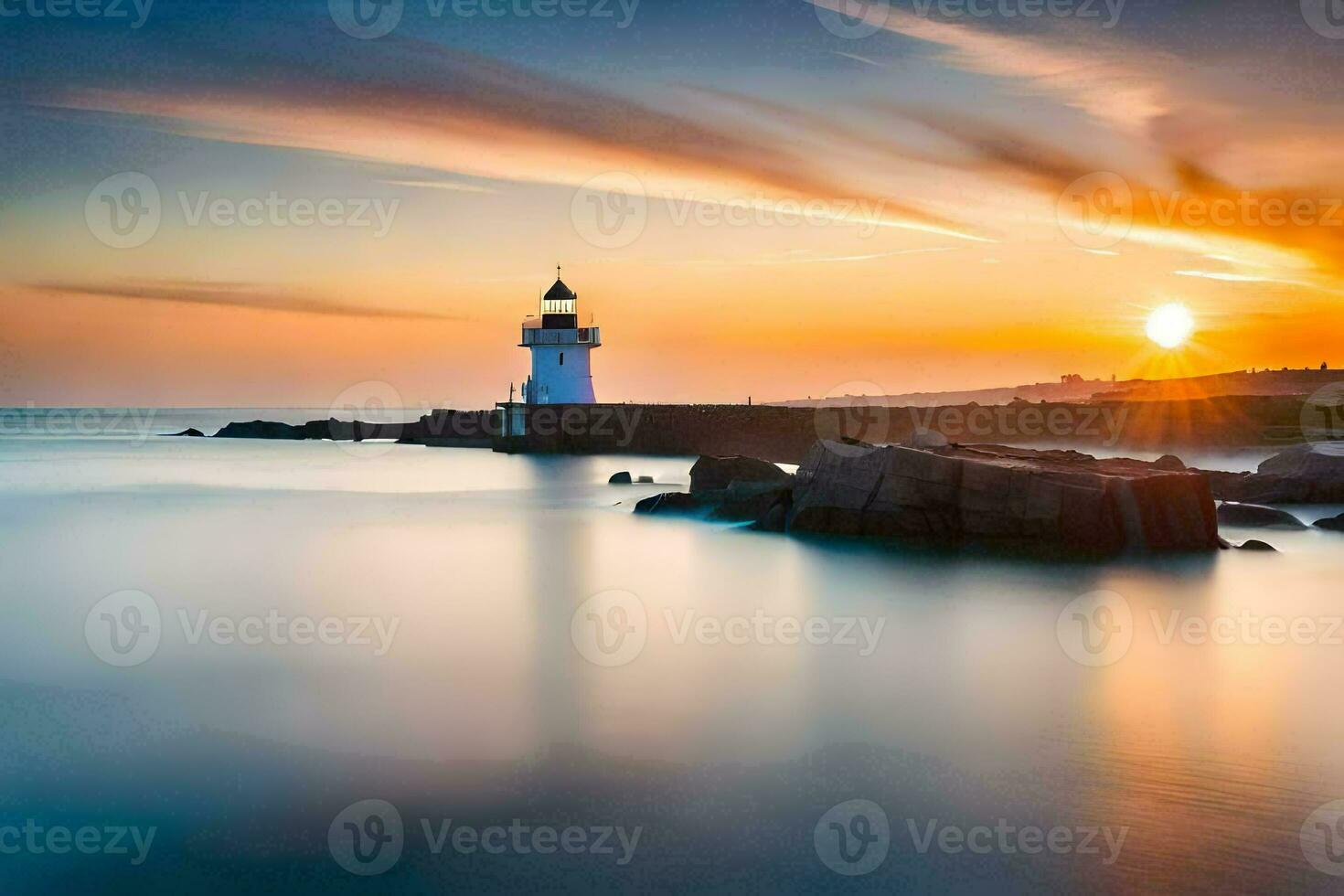 a lighthouse stands on the shore of a body of water at sunset. AI-Generated photo