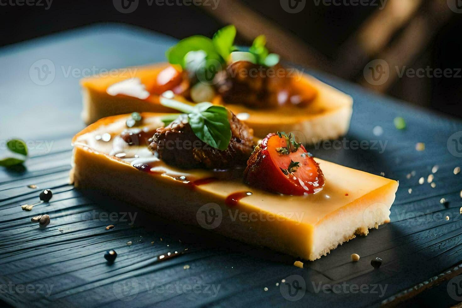 two slices of cheese and tomato on a black plate. AI-Generated photo
