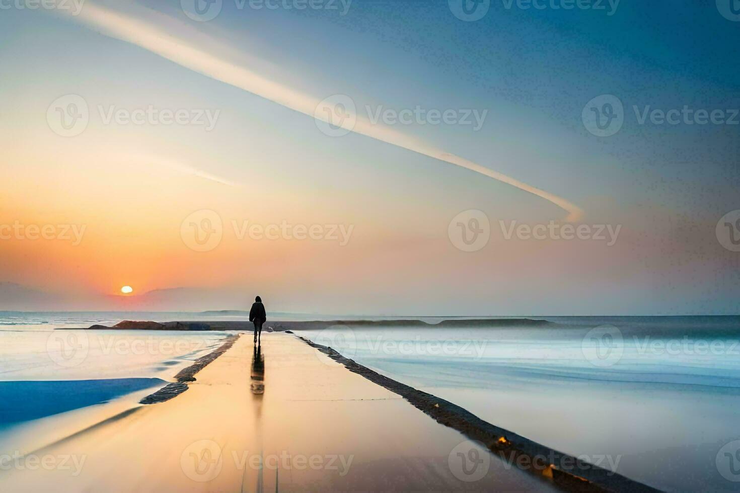 a person walking on a beach at sunset. AI-Generated photo
